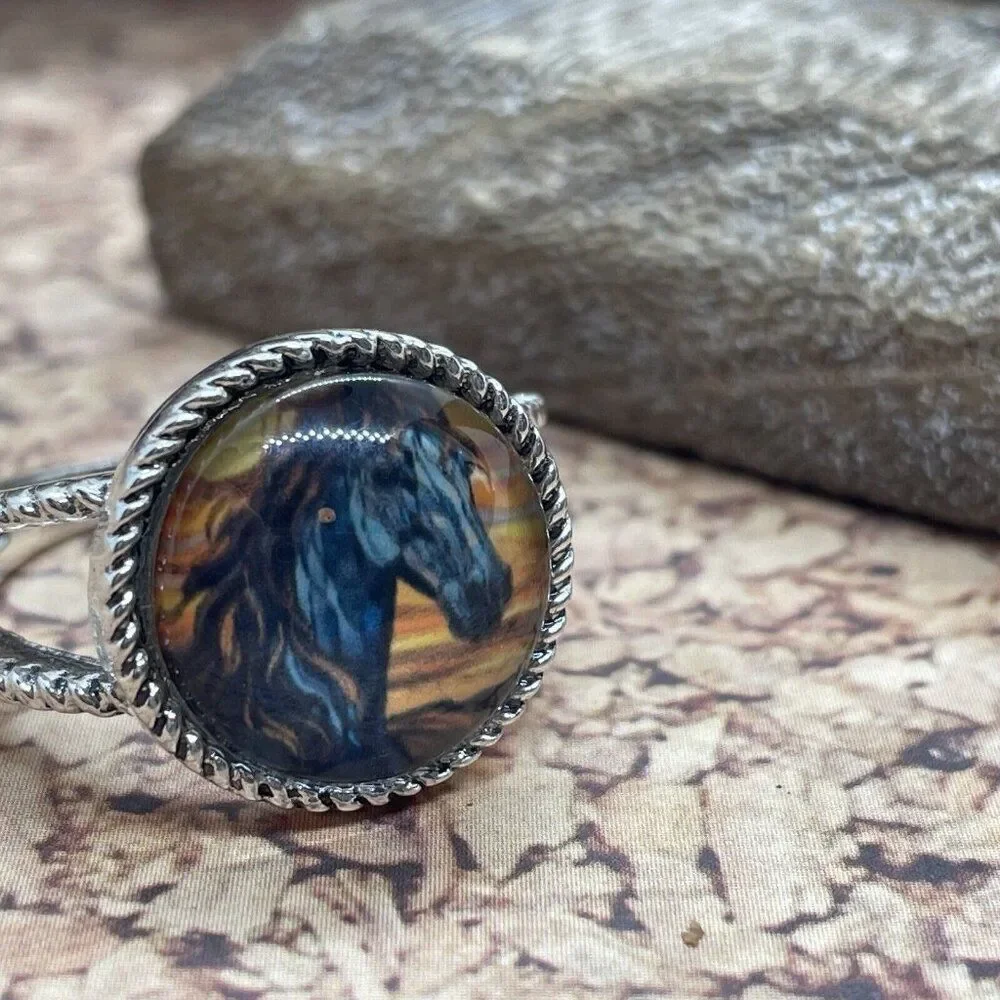 Stained Glass Horse Silver-Tone Ring in Blue and Brown